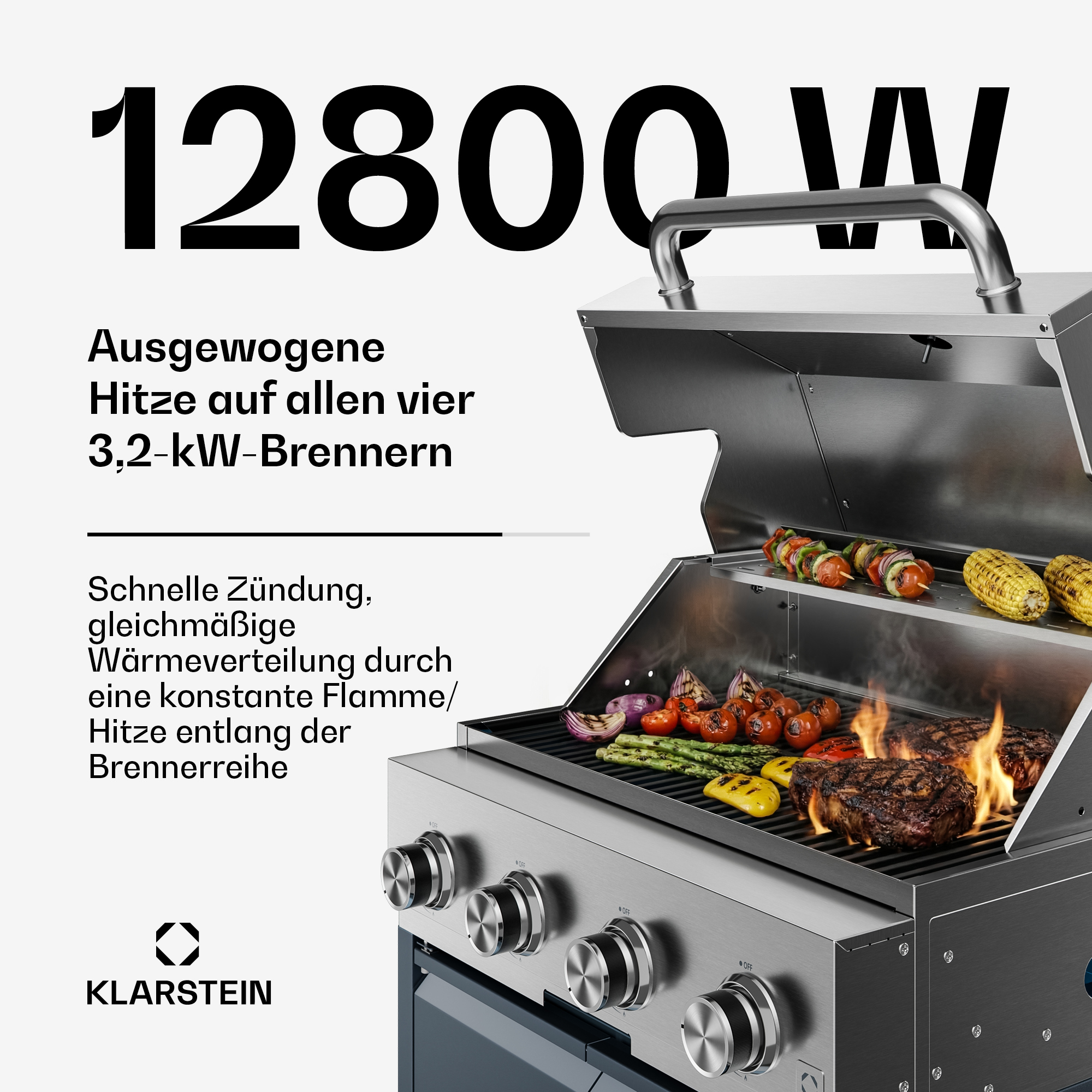 Ein Grill mit 12800W Leistung, Steak, Gemüse und Maiskolben werden gegrillt.