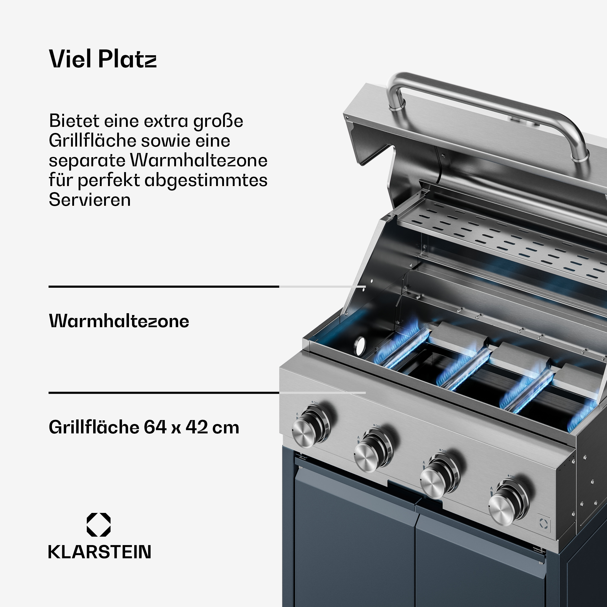 Ein moderner Gasgrill mit vier Brennern und Warmhaltezone.