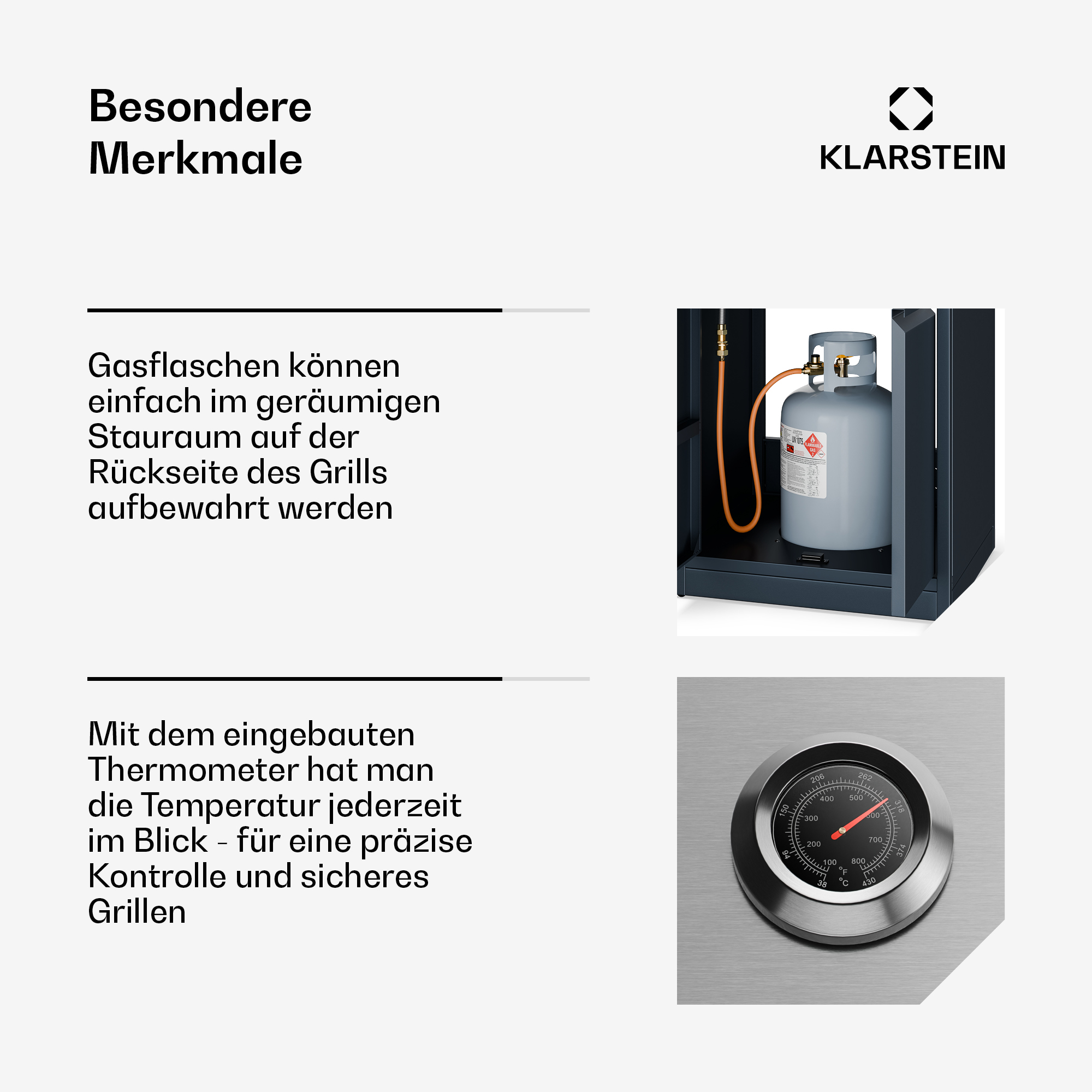 Ein Grill mit Gasflaschenlager und Thermometer-Anzeige.