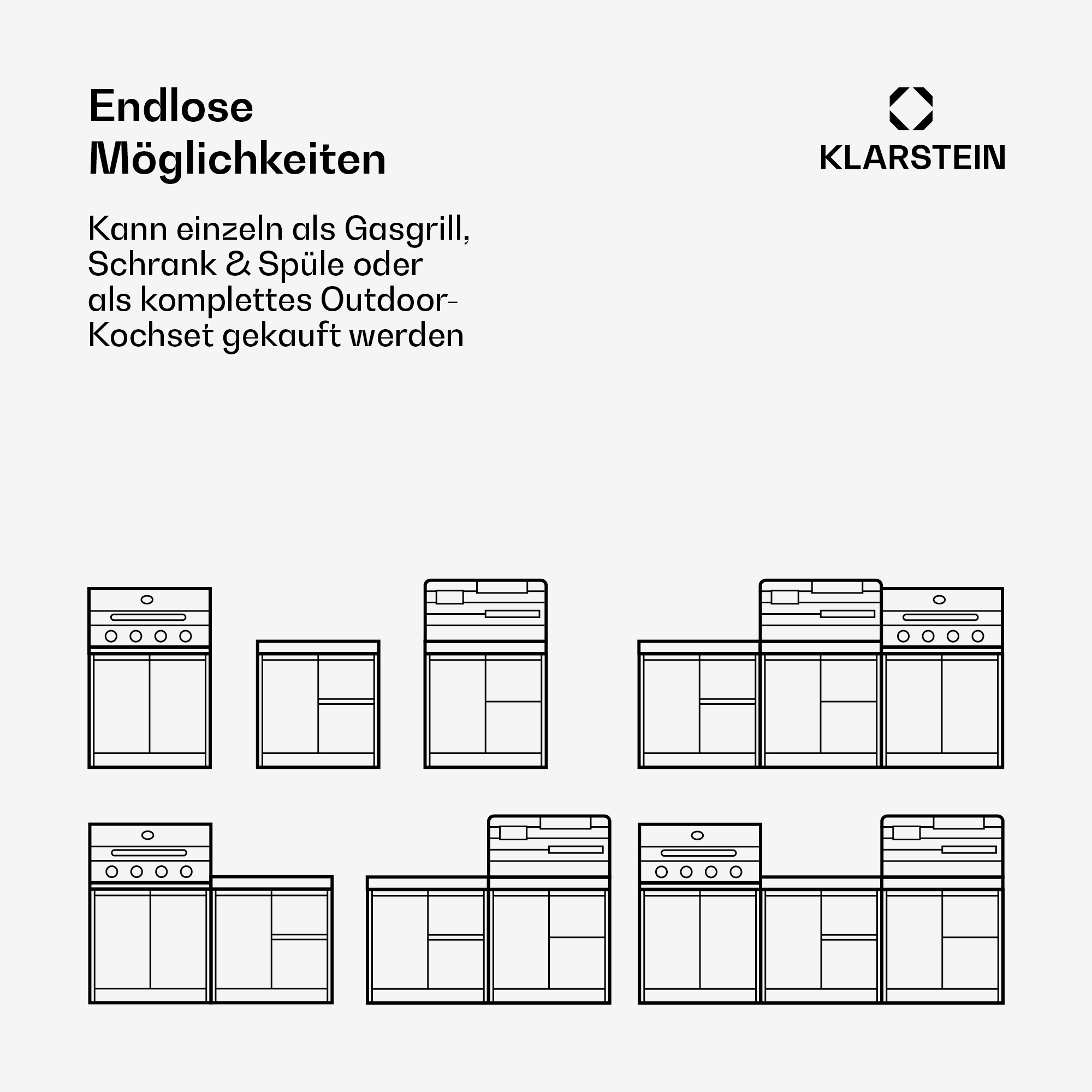 Illustrationen von Küchenmodulen mit Gasgrill, Schrank und Spüle.