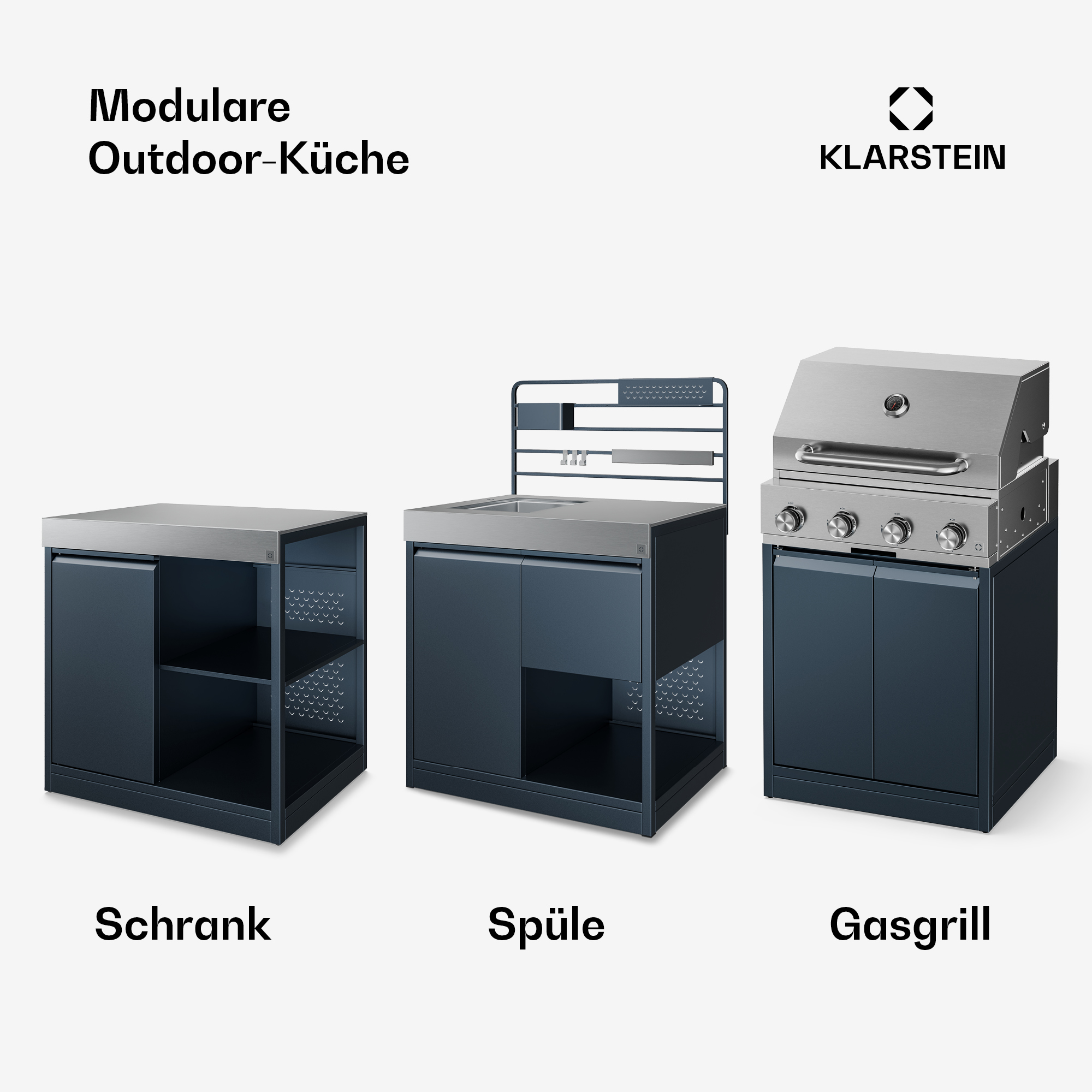 Modulare Outdoor-Küche: Schrank, Spüle und Gasgrill nebeneinander.