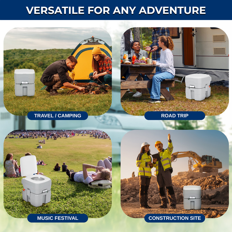 Graue tragbare Toilette auf einem Campingplatz, bei einer Picknick mit Wohnmobil, bei einem Festival und Baustelle.