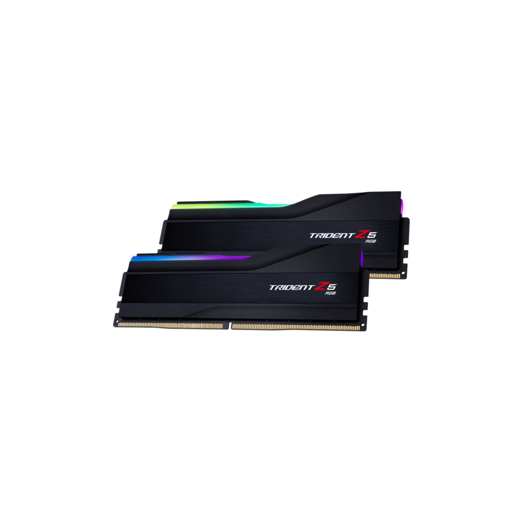 Dwa czarne moduły RAM z podświetleniem RGB i srebrnymi stykami.