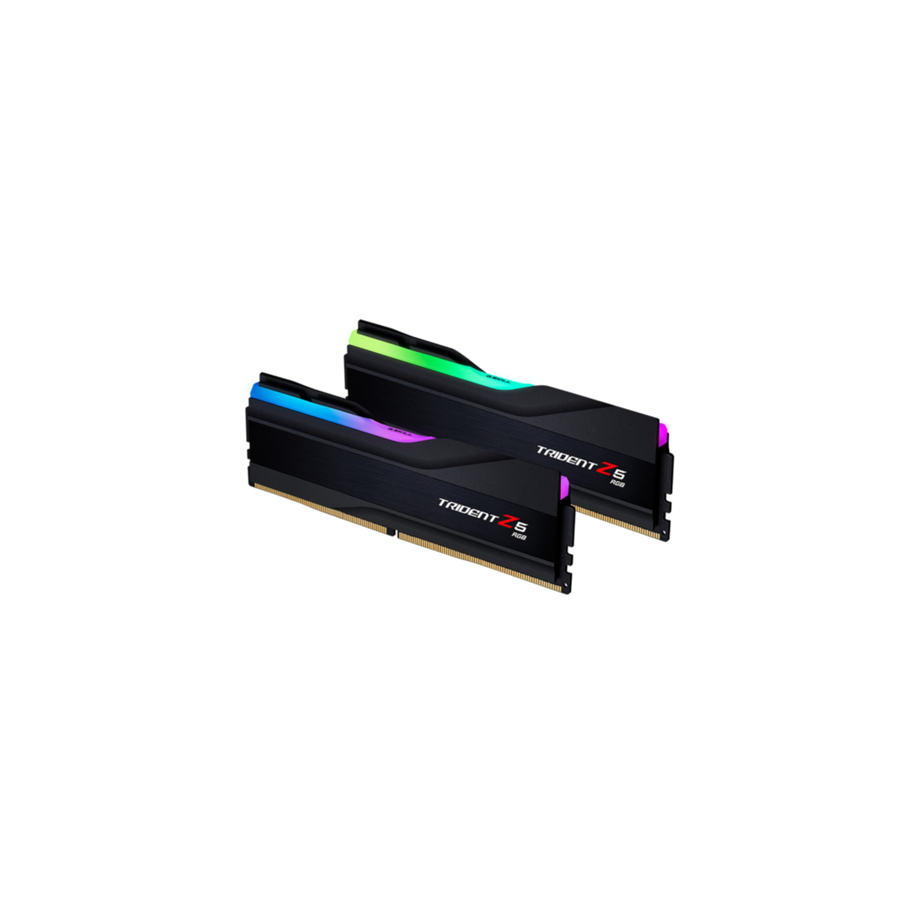 Dwa czarne moduły RAM G.Skill Trident Z5 RGB z podświetlanymi na niebiesko, zielono i fioletowo górnymi częściami.