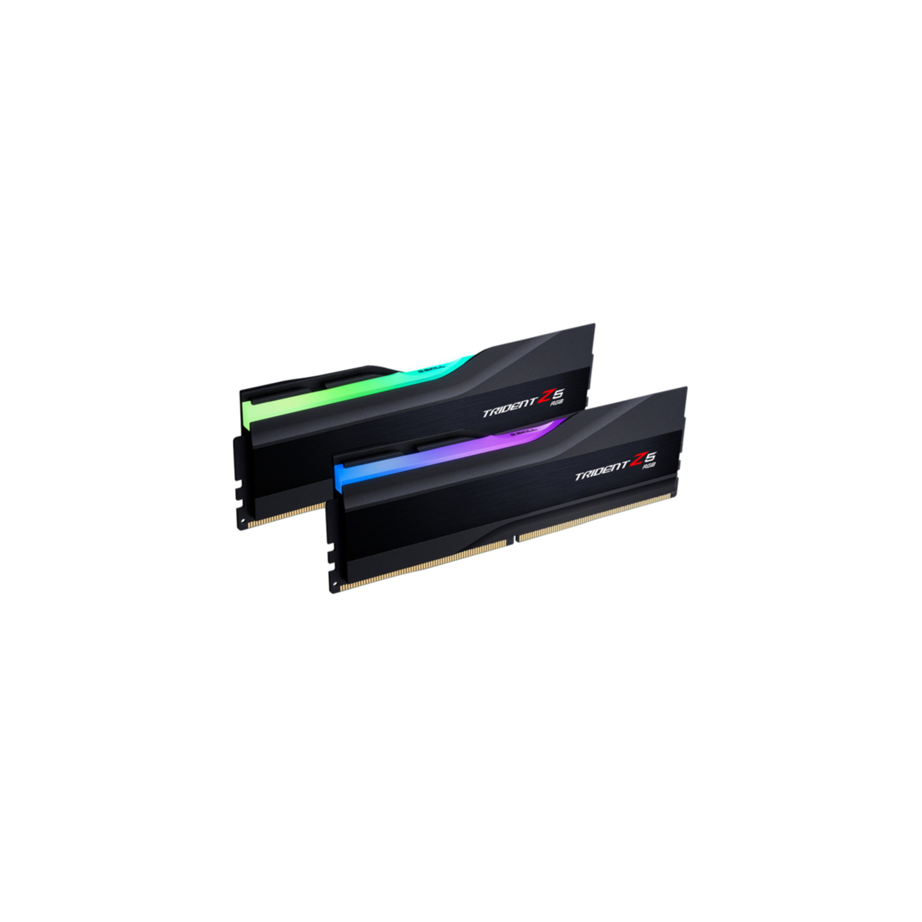 Dwa czarne moduły RAM z podświetleniem RGB, jeden zielono-niebieski, jeden fioletowy.