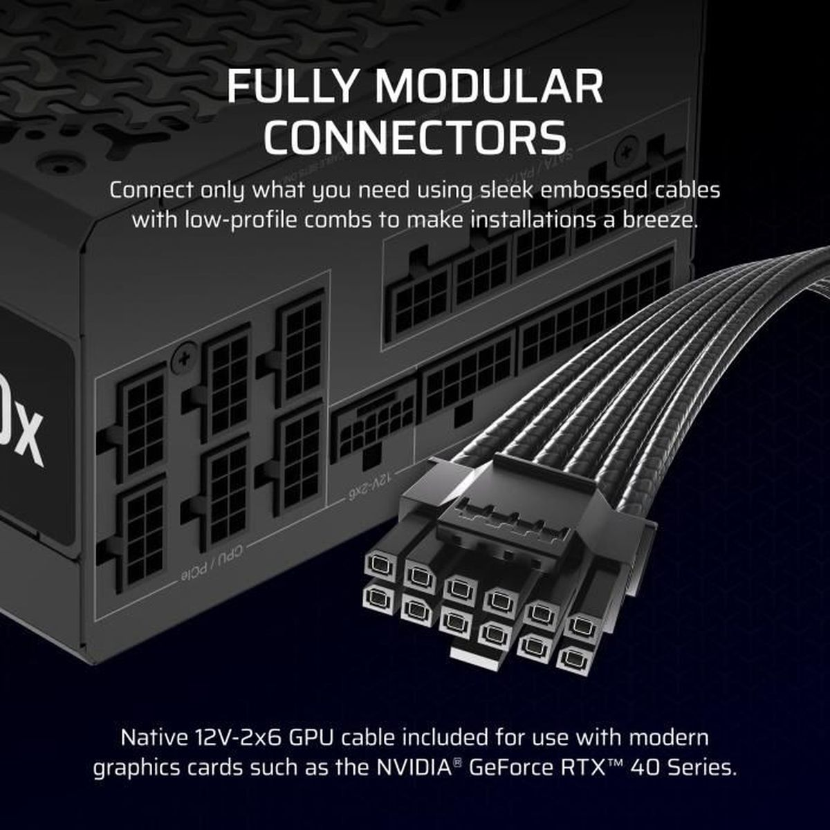 Ein Netzteil mit modularen Anschlüssen und einem 12V-2x6 GPU-Kabel.