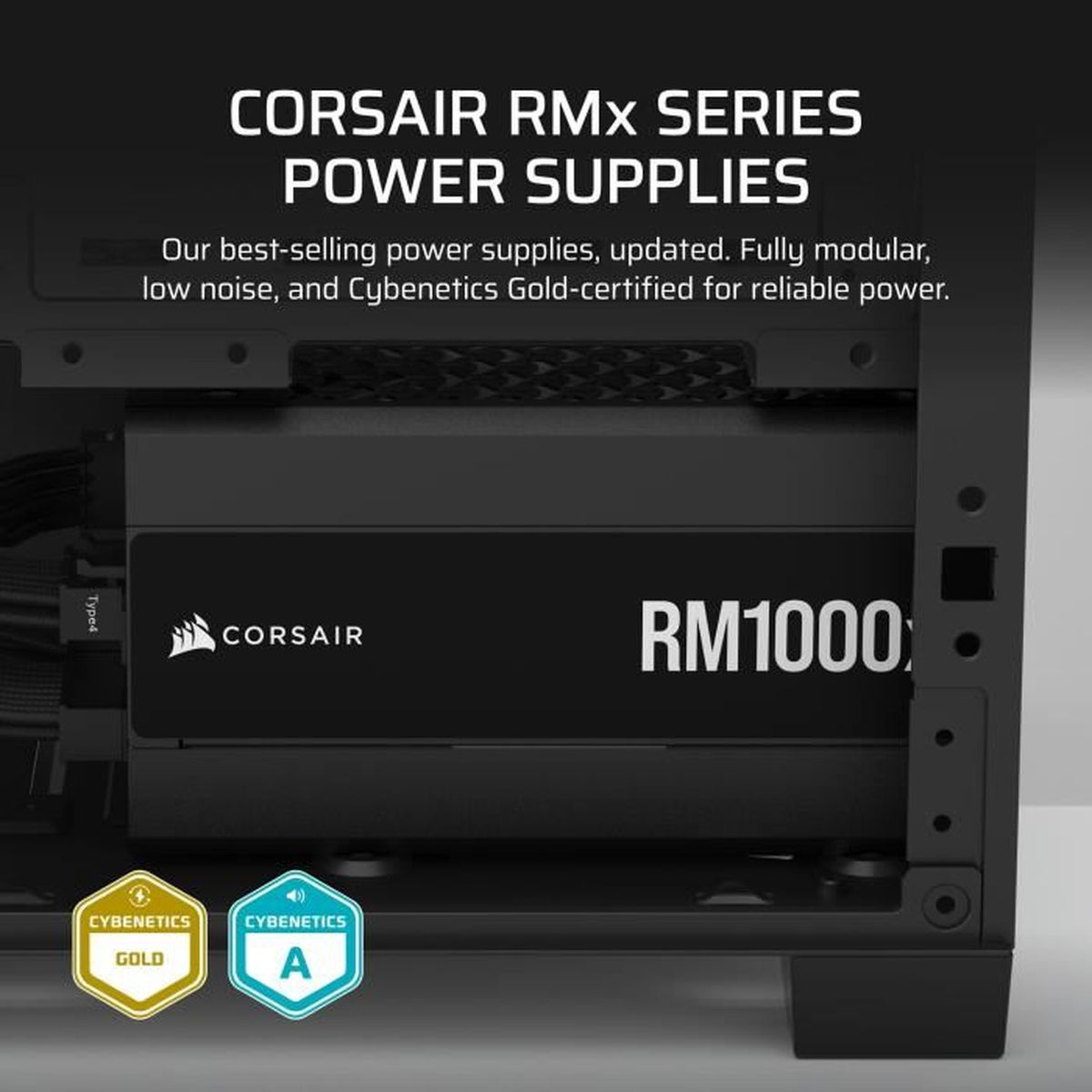 Corsair RM1000 Netzteil mit Gold- und A-Zertifikaten im PC-Gehäuse.