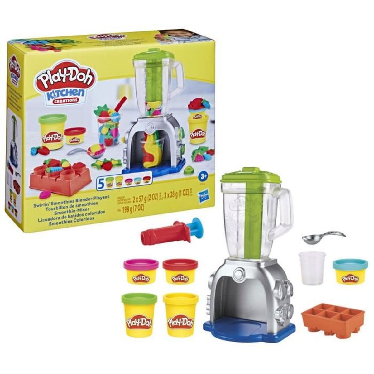 Set de licuadora Play-Doh Swirlin' Smoothies con macetas de masa coloridas y accesorios.