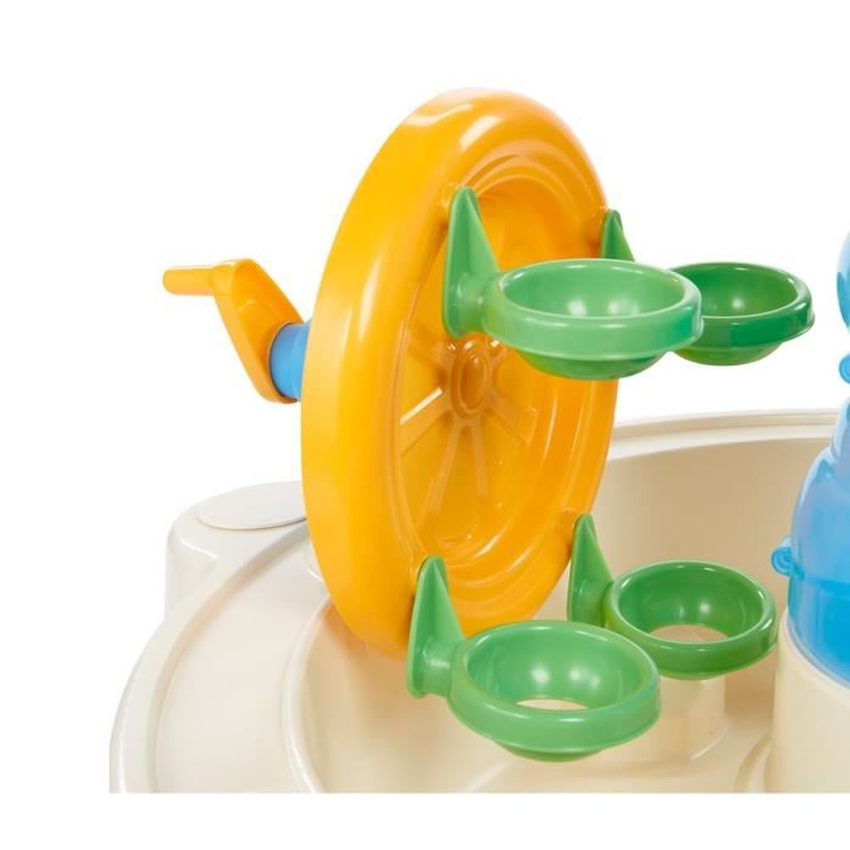Una ruota gialla con tazze verdi e una maniglia blu su un supporto beige.