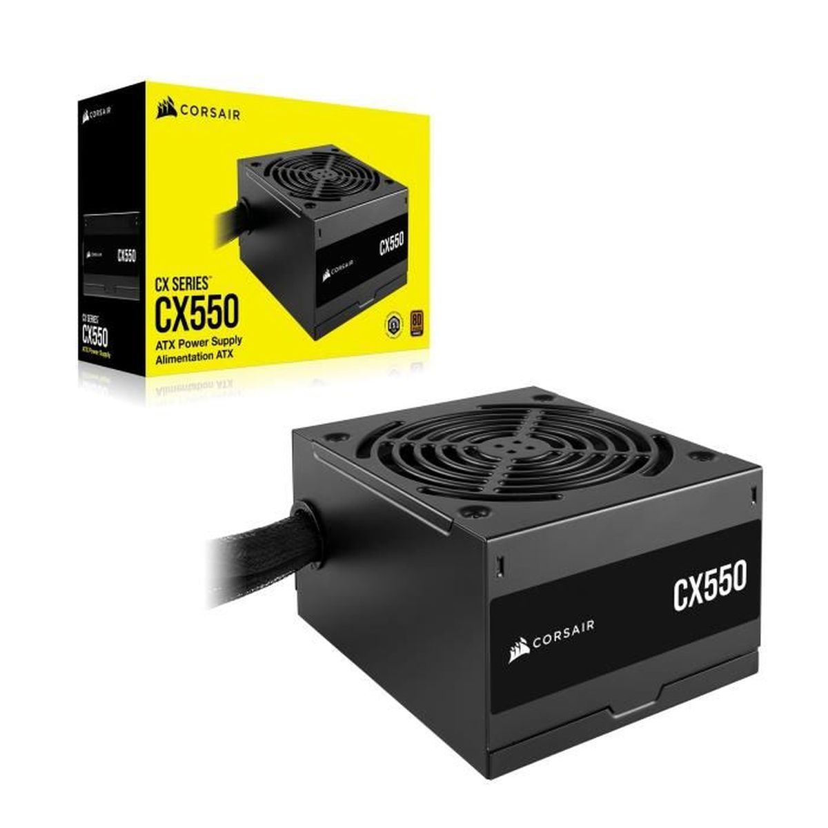 Zasilacz ATX Corsair CX550 i jego opakowanie na białym tle.