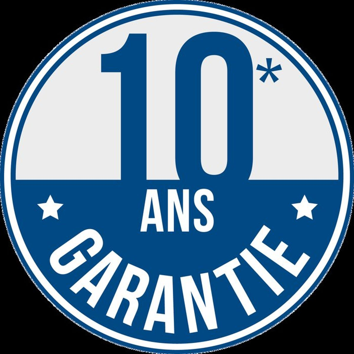 Blau-weiße Garantie-Plakette mit "10 ANS GARANTIE" und Sternen.