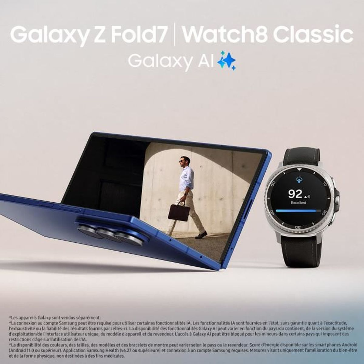 Samsung Galaxy Z Fold7 and Watch8 Classic with Galaxy AI. Man walks with briefcase.