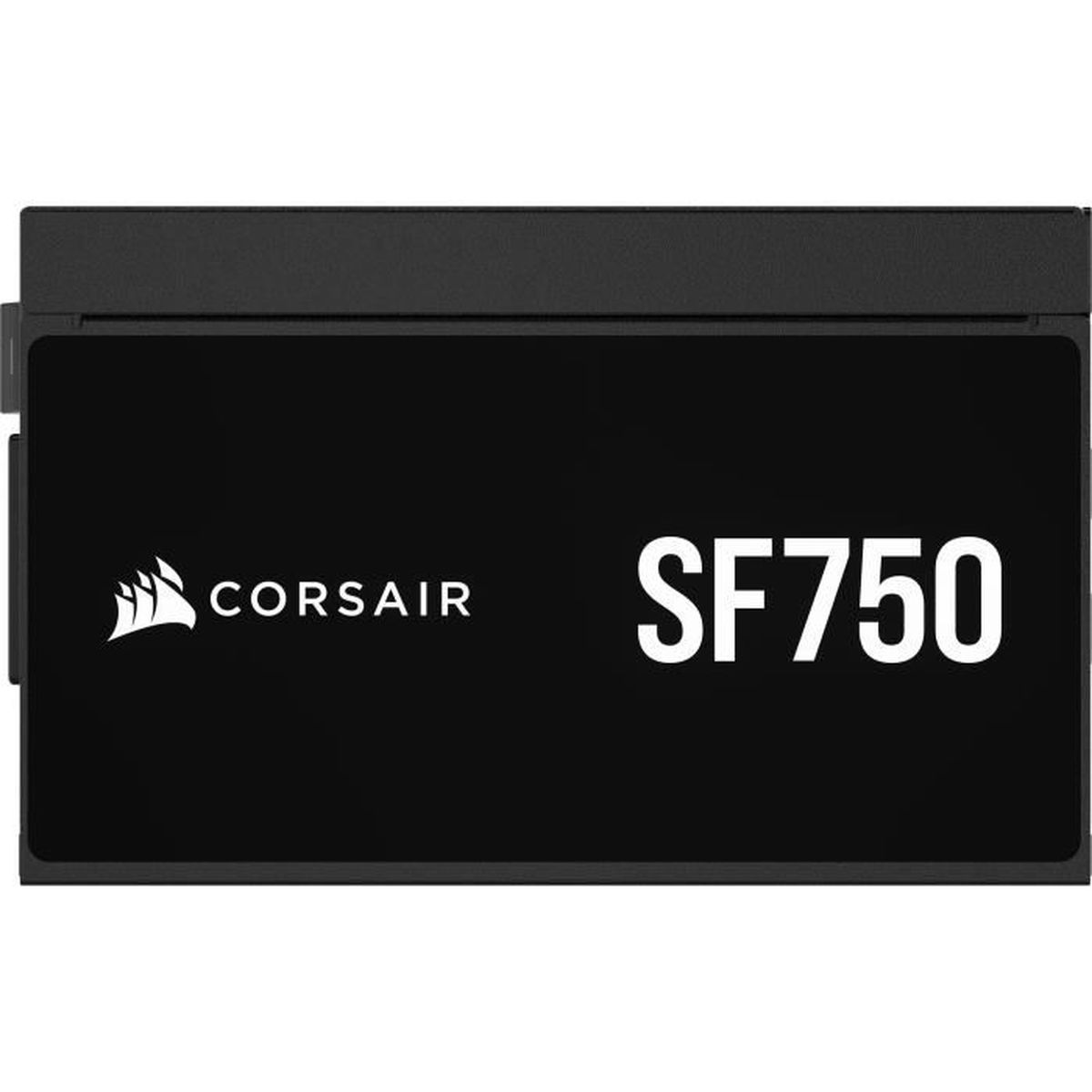 Czarny zasilacz Corsair SF750 z białym logo i napisem.