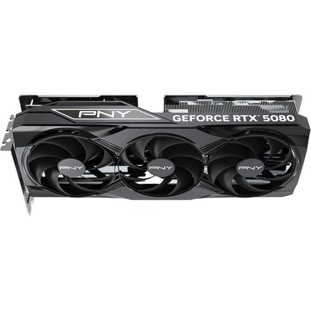 Schwarze Grafikkarte mit drei Lüftern und PNY/GEFORCE RTX 5080 Aufschrift.