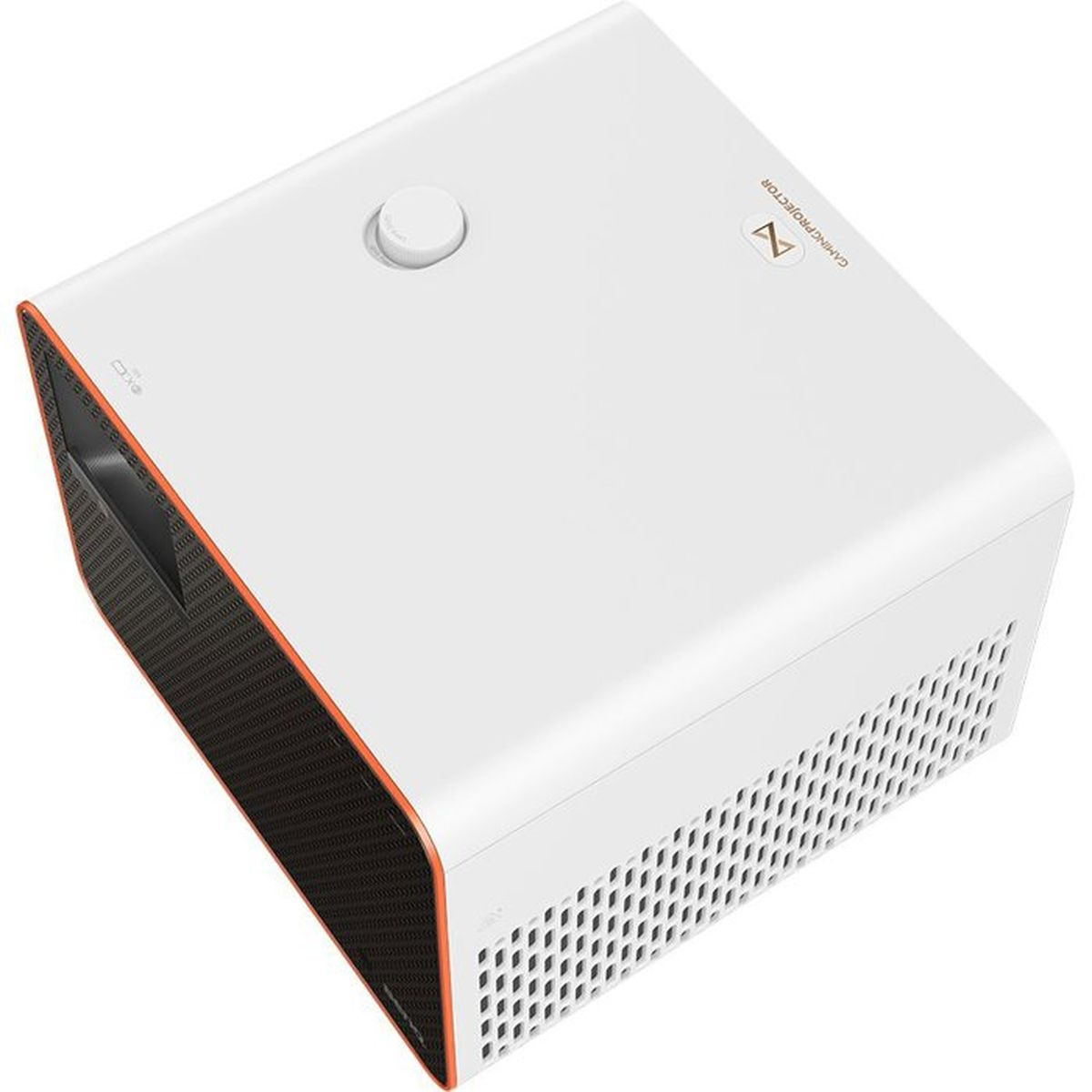 Un proiettore bianco con accenti arancioni e fessure di ventilazione.