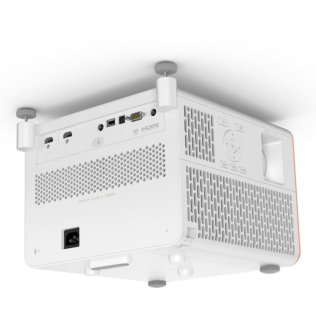 Proiettore bianco montato a soffitto con porte e prese d'aria. Ingresso HDMI 4K.