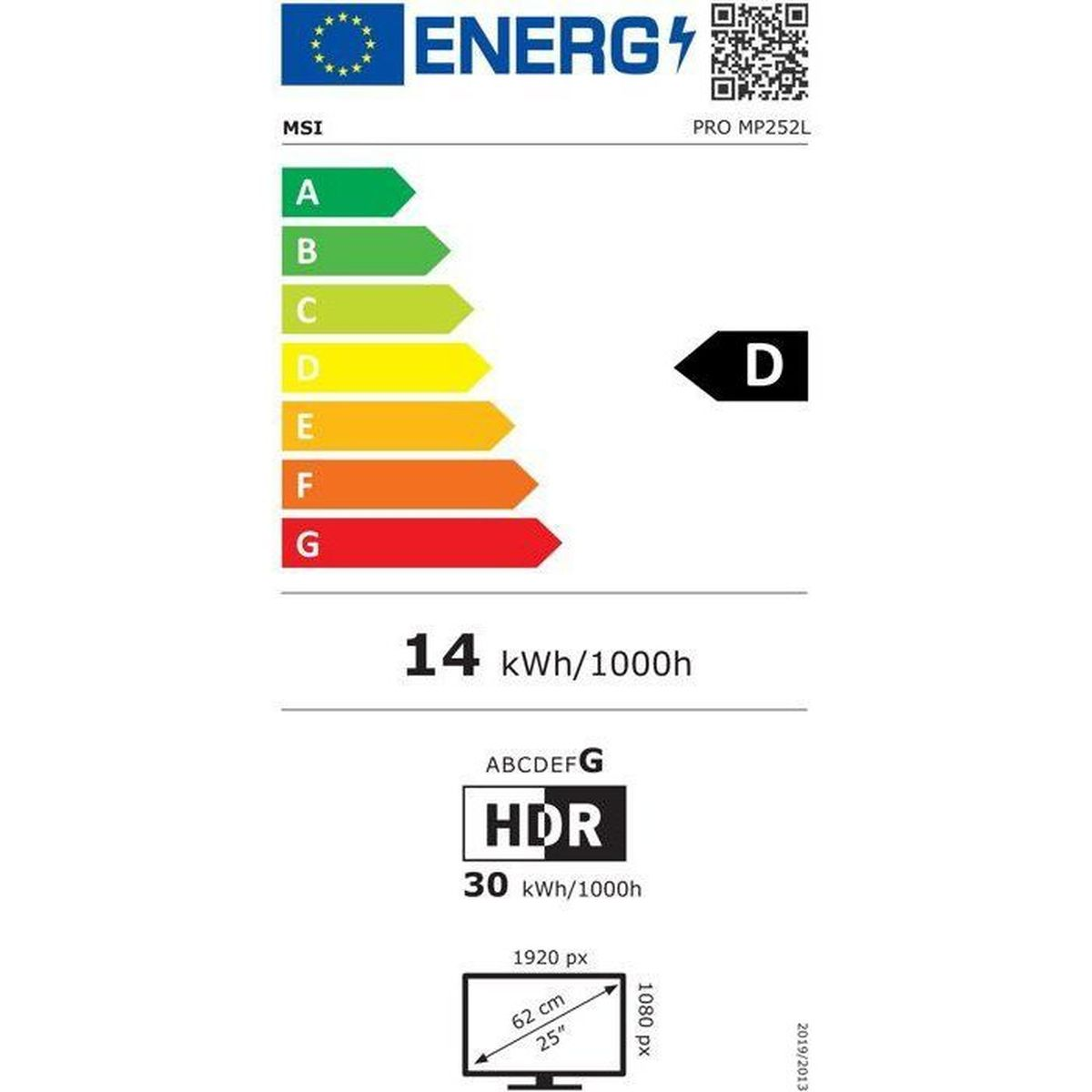 Etichetta energetica per monitor MSI PRO MP252L, classe D.