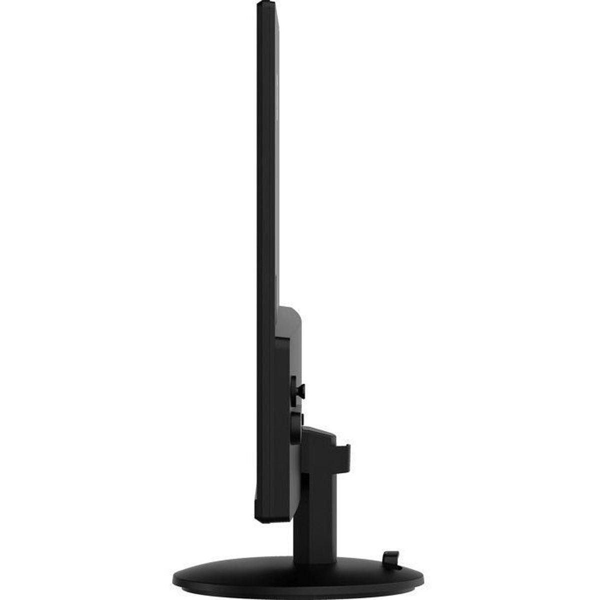 Vista laterale di un monitor nero con cornice sottile e supporto.