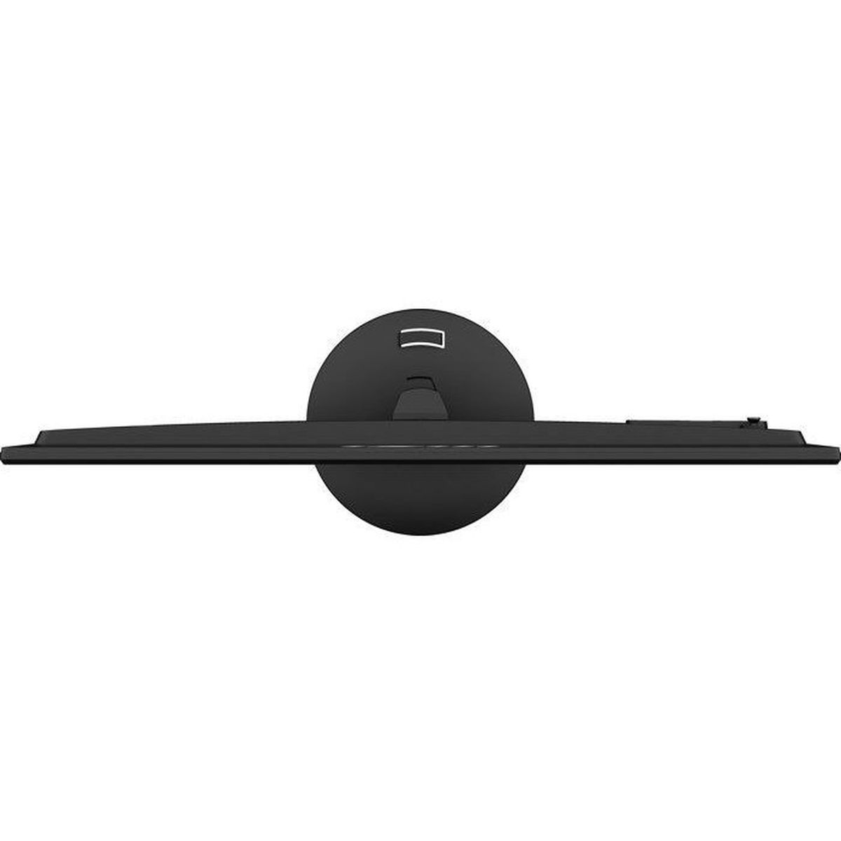 Supporto per monitor nero con base rotonda e schermo sottile attaccato.