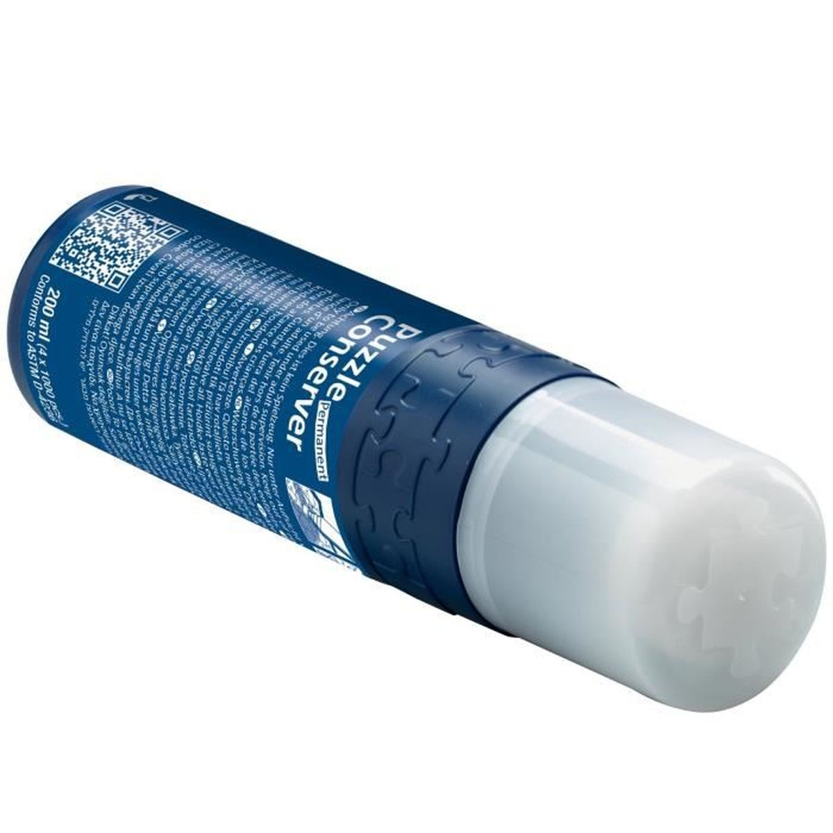 Una lata de spray azul con la etiqueta "Puzzle Conserver" yace en ángulo.