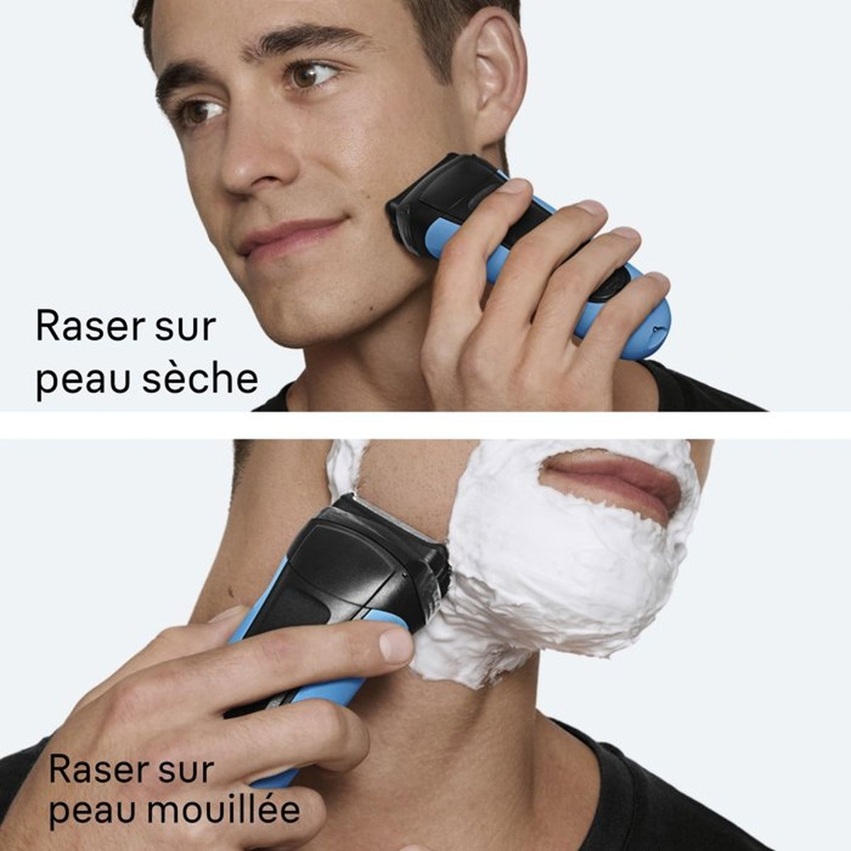 Uomo si rade a secco e bagnato con un rasoio elettrico blu e nero.
