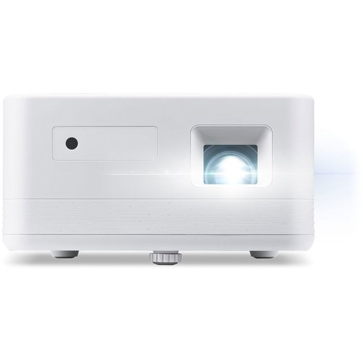 Un proyector blanco con lente que emite luz brillante.