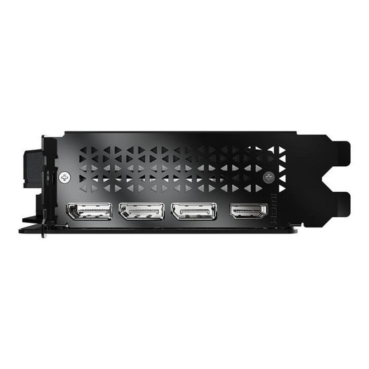 Rückseite einer Grafikkarte mit vier HDMI-Anschlüssen und Lüftungsschlitzen.