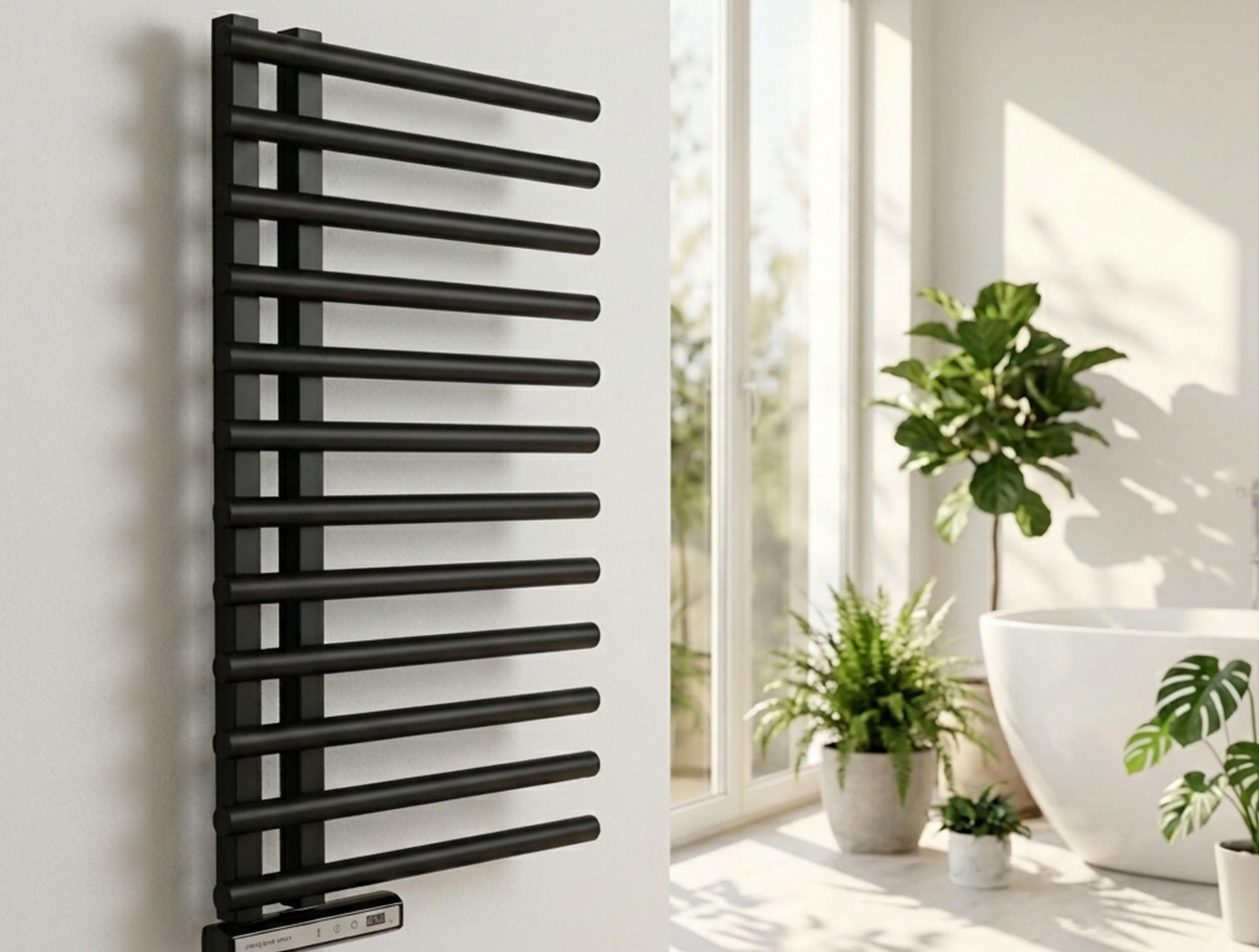 Toallero negro en pared, junto a ventana con plantas y bañera.
