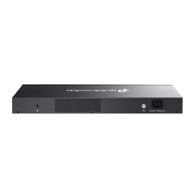 Havalandırma ızgaralı ve güç konektörlü siyah TP-Link Omada router.