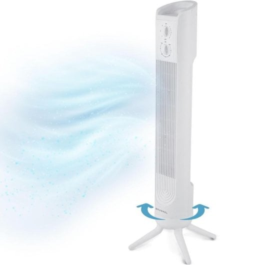 Un ventilador de torre blanco con tres patas, expulsando aire.