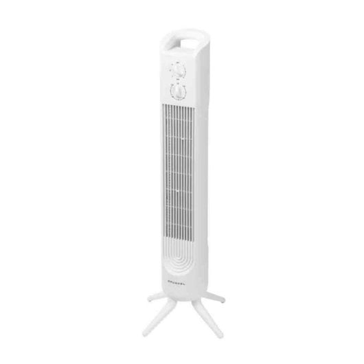 Un ventilador de torre blanco y delgado con tres patas y botones arriba.