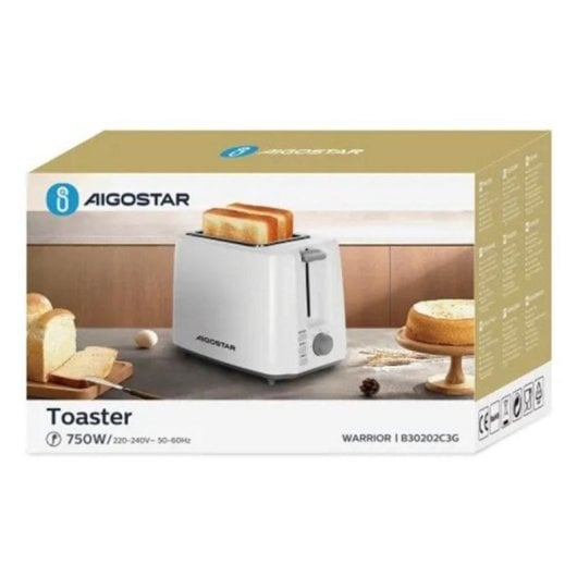 Un tostapane bianco Aigostar con due fette di toast, pane e torta accanto.