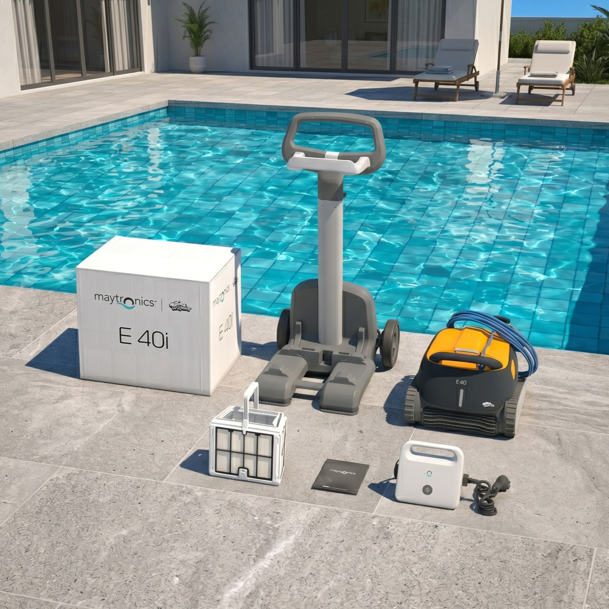 Set de limpiador de piscina con caja, carrito, robot, filtro y fuente de alimentación junto a la piscina.