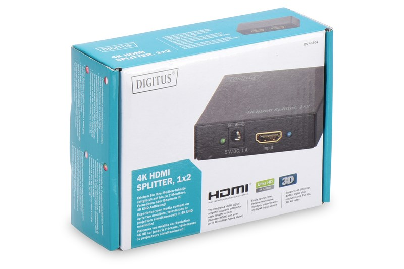 Verpackung eines Digitus 4K HDMI Splitters 1x2 mit einem schwarzen Splitter.