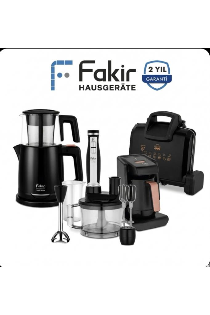 Fakir ev aletleri: çay makinesi, el blenderi, mutfak robotu, kahve makinesi, tost makinesi.