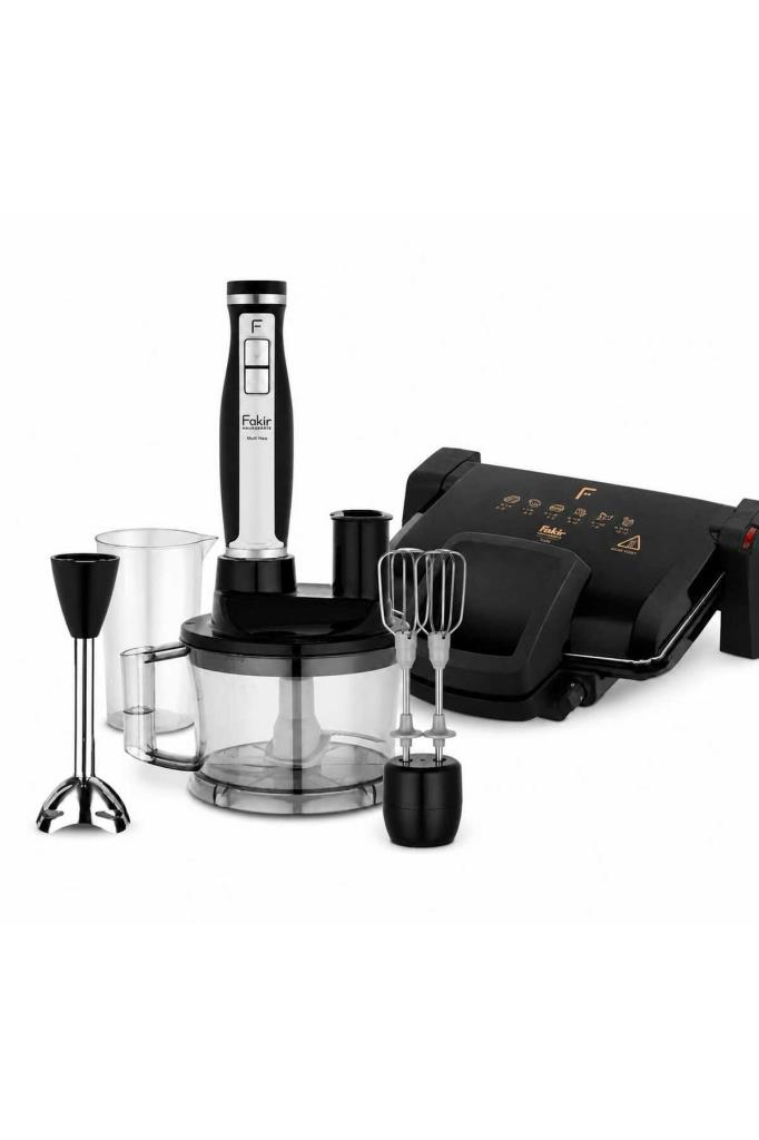 Siyah el blender aparatı, ölçü kabı, büyük hazne ve tost makinesi.