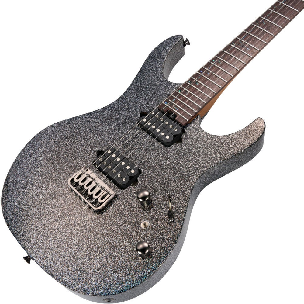 Altı telli, siyah manyetikli ve krom donanımlı, ışıltılı gri elektro gitar.