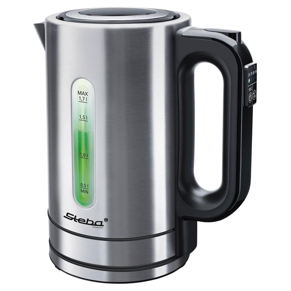 Edelstahl-Wasserkocher mit schwarzem Griff und digitaler Temperaturanzeige.