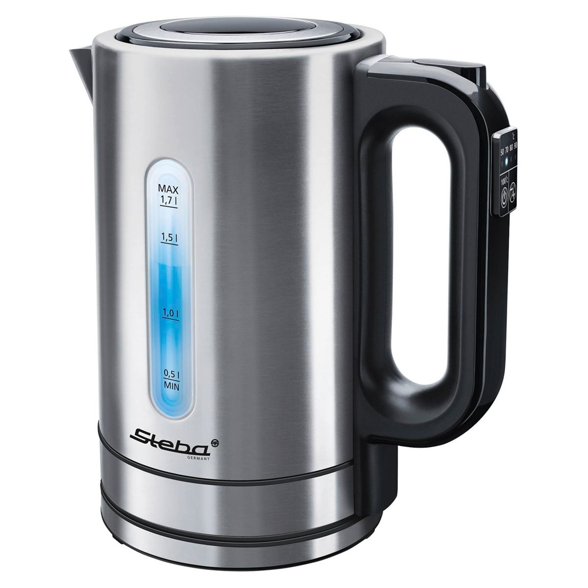 Edelstahlwasserkocher mit blauer Wasserstandsanzeige und Temperaturregelung.