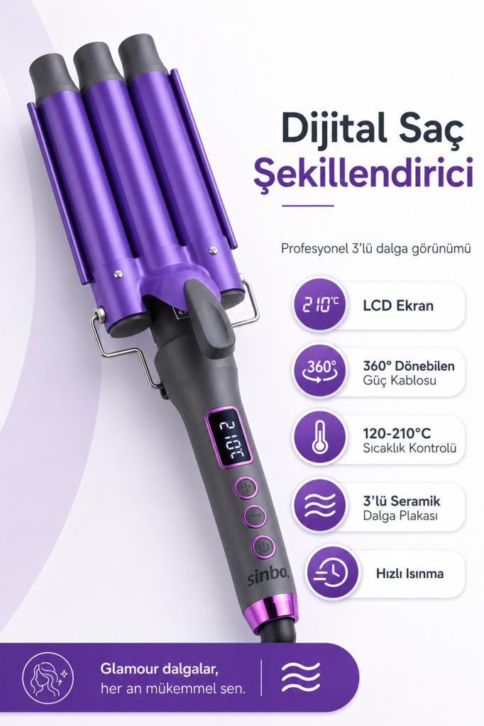 Mor dijital saç şekillendirici, 3'lü dalga plakası, LCD ekran ve sıcaklık kontrolü.