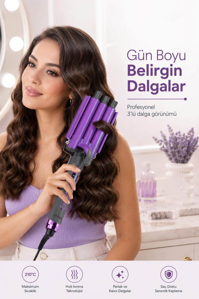 Koyu saçlı kadın, 3D dalgalar için mor maşa kullanıyor.