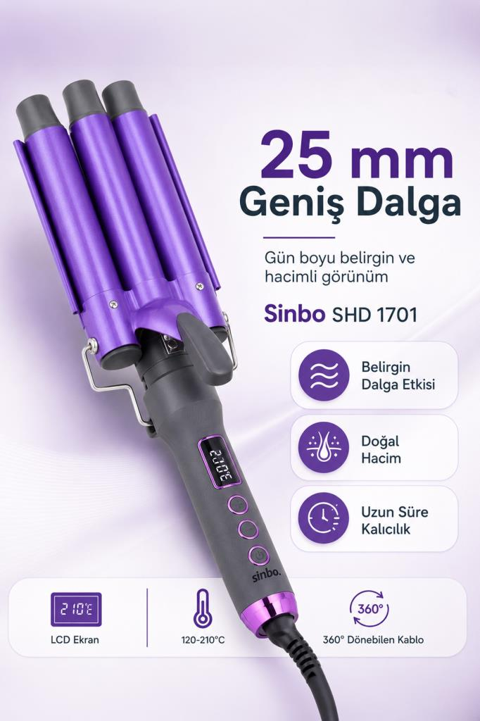 Mor renkli, 25mm geniş dalga saç şekillendirici, LCD ekranlı ve 360° döner kablolu.