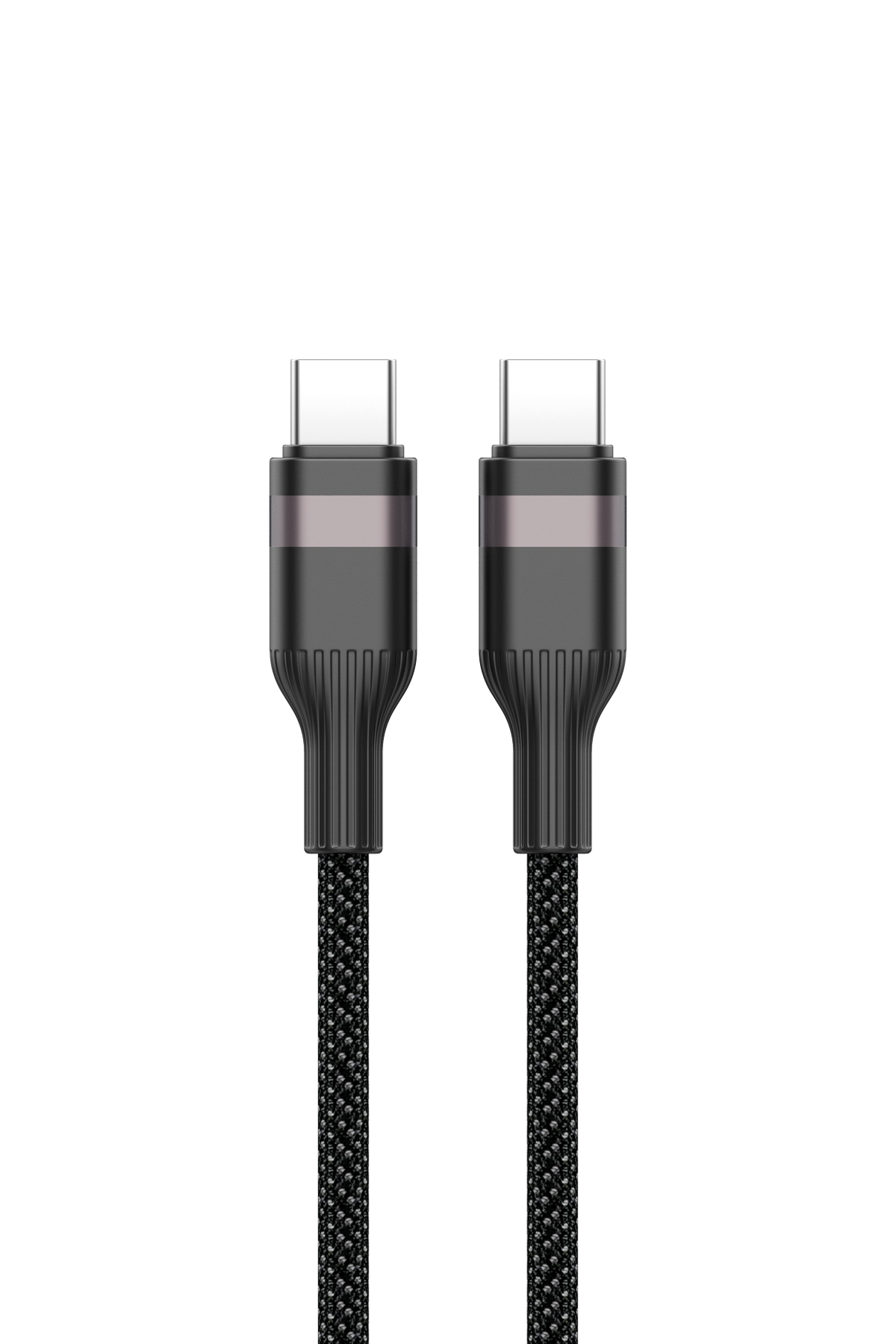 Gümüş vurgulu, örgü kılıflı iki siyah USB-C kablosu.