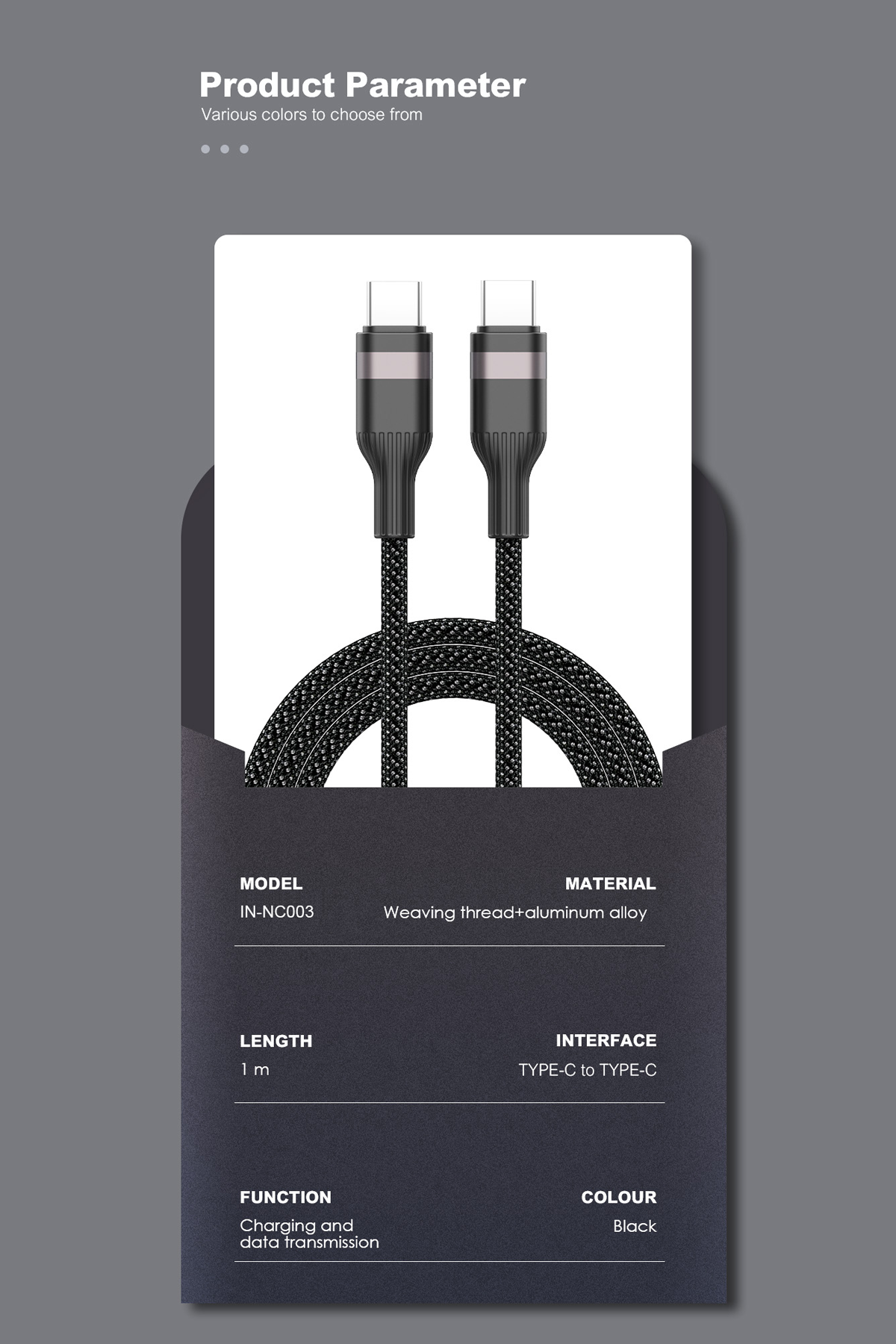 Siyah örgülü USB-C - USB-C kablosu, 1m uzunluğunda, şarj ve veri için.