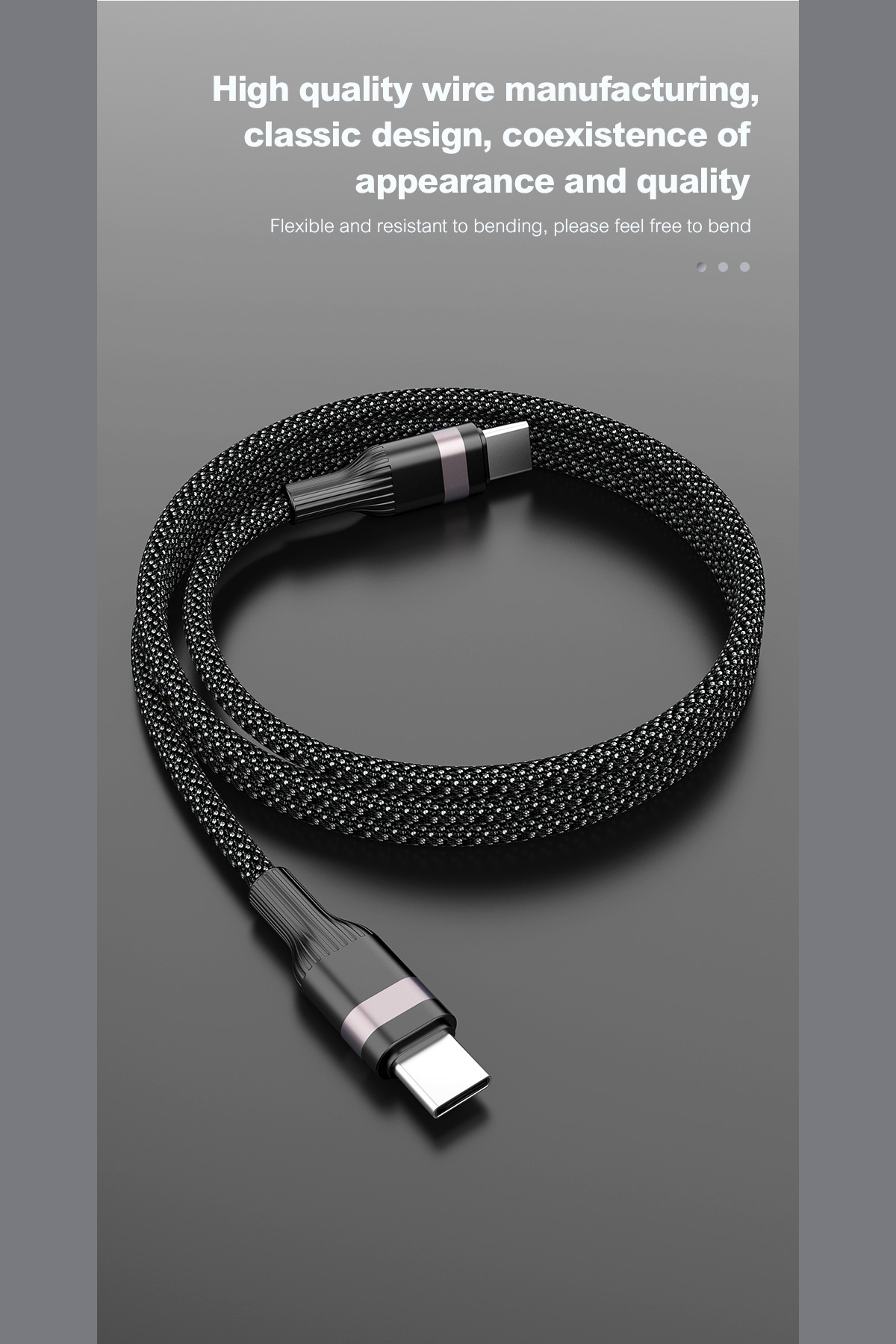 Koyu arka plan üzerinde gümüş aksanlı siyah örgülü USB-C kablosu.