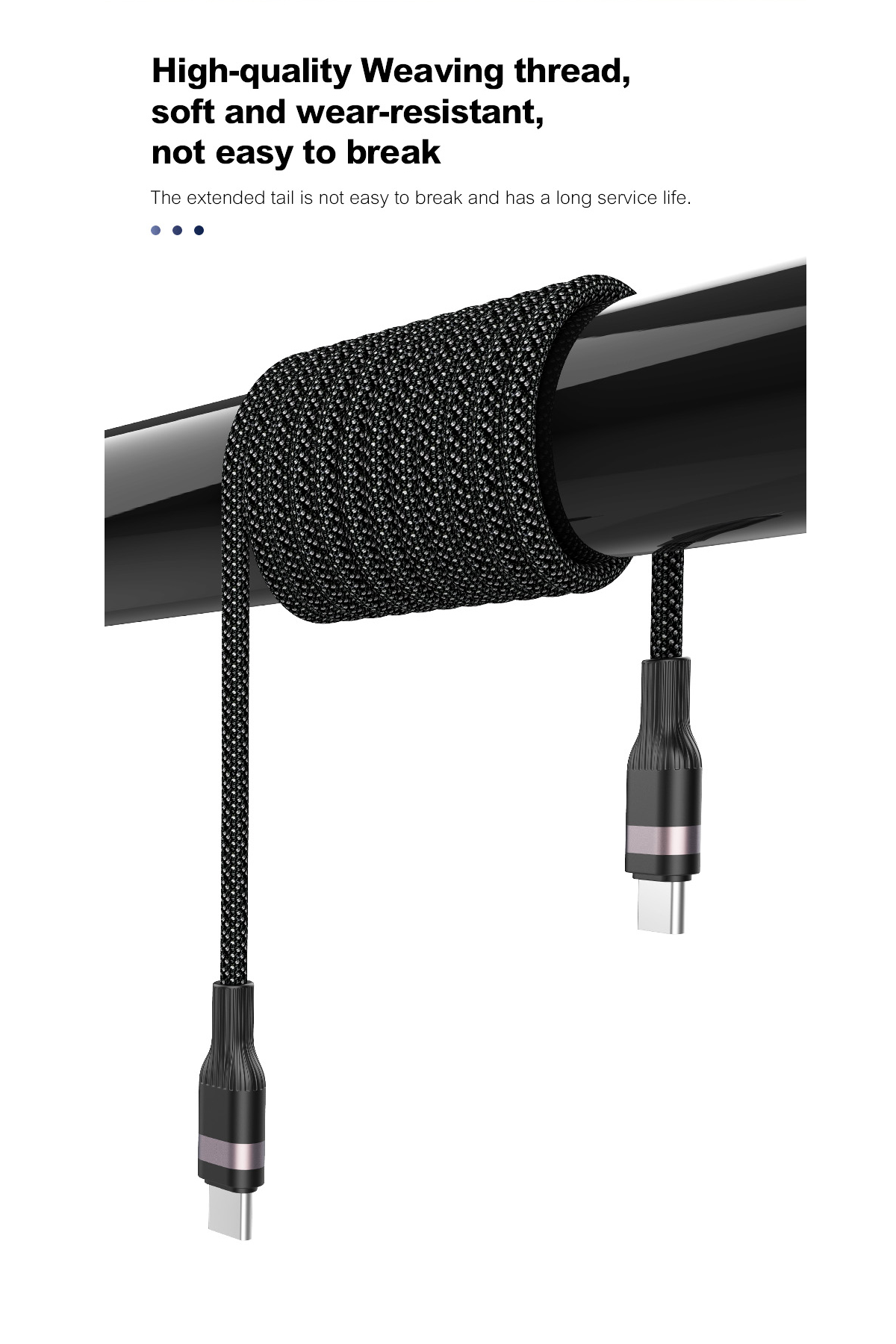 Siyah, örgülü USB-C kablo bir çubuğa sarılmış, konektörler görünür.