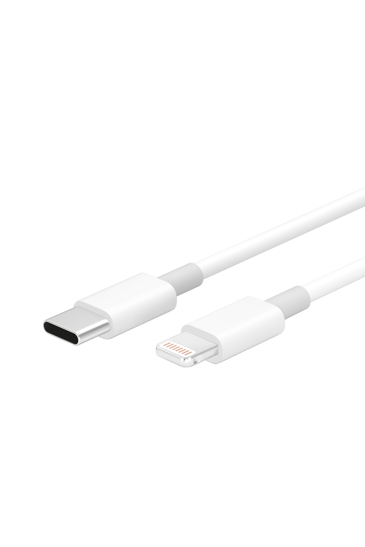 Beyaz USB-C - Lightning kablosu, metal konektörlü, beyaz arka plan.