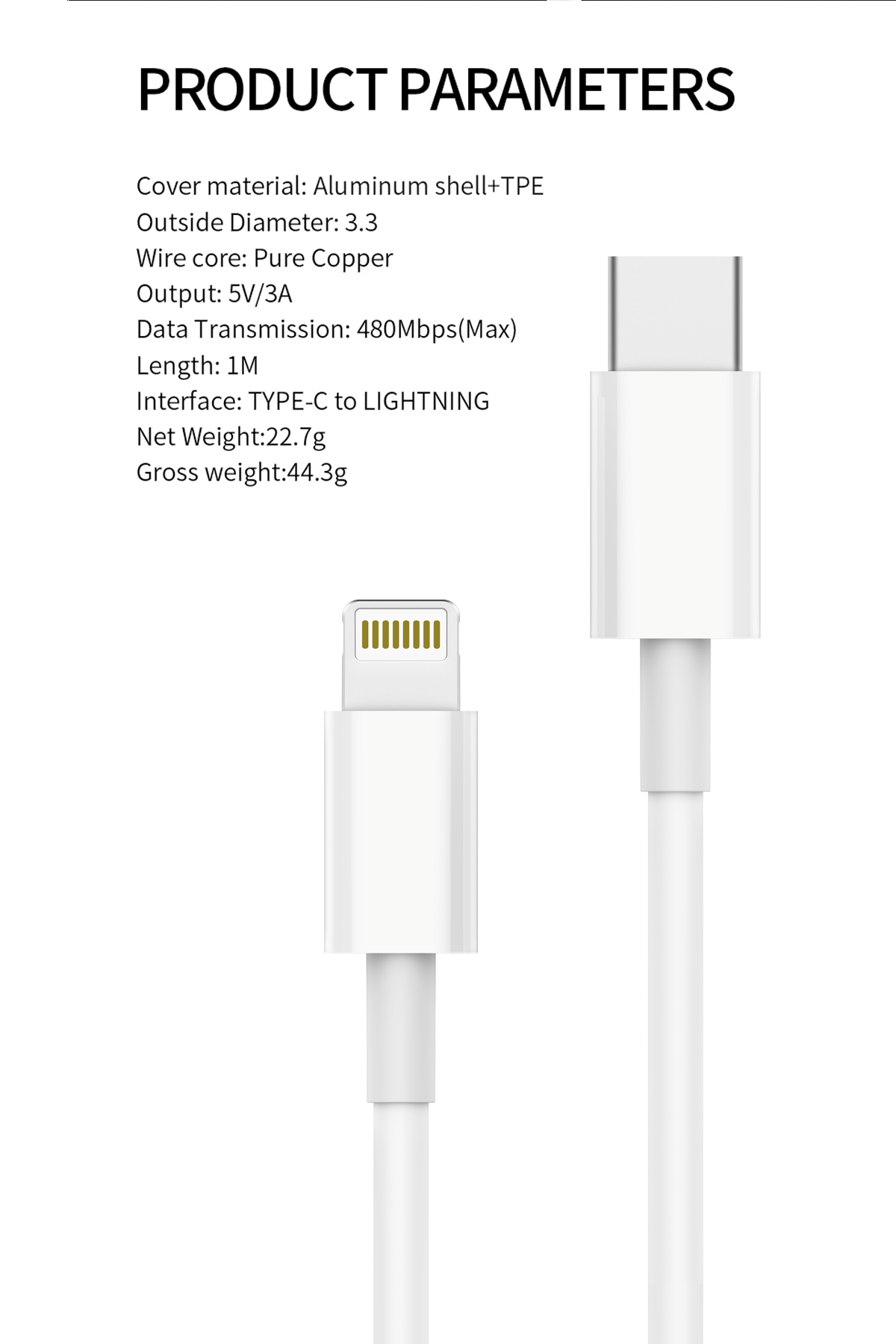 Detaylı ürün özelliklerine sahip beyaz bir USB-C - Lightning kablosu.