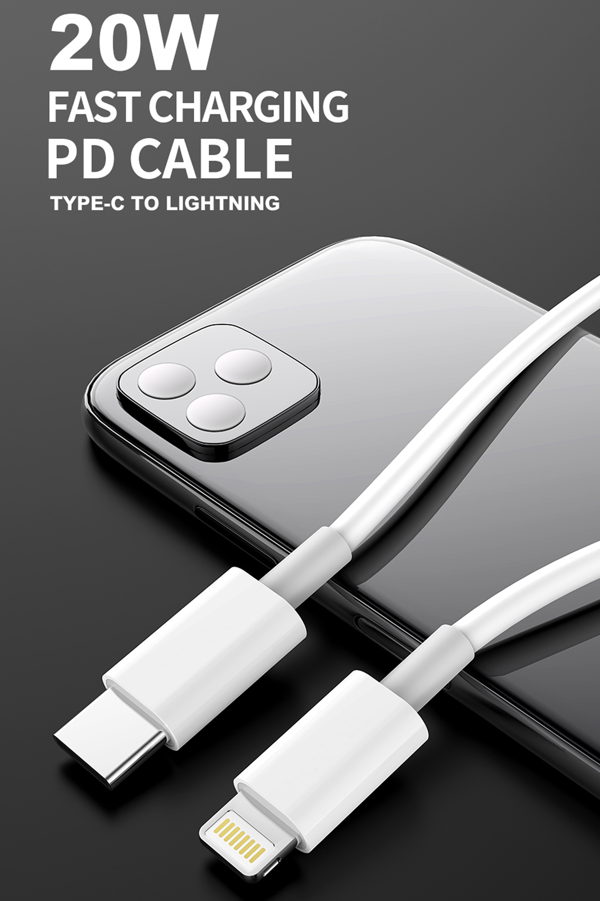 USB-C ve Lightning konektörlü beyaz şarj kablosu bir akıllı telefona dayanıyor.