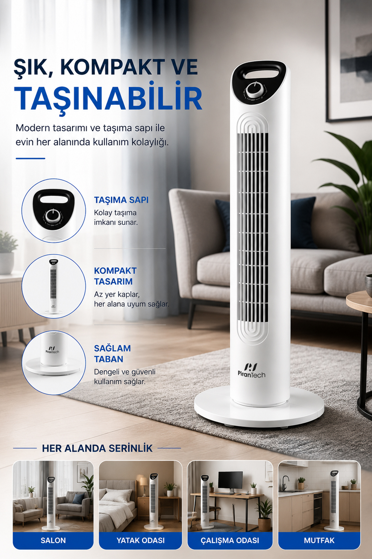 Şık, beyaz kule tipi vantilatör oturma odasında. Metin taşınabilirliği vurguluyor.